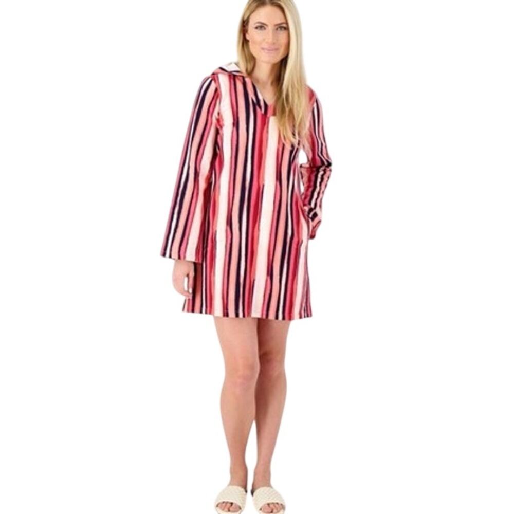 DENIM & CO BEACH Pool Coverup French Terry Stripe Boho Red Pink Tunic NIB Large